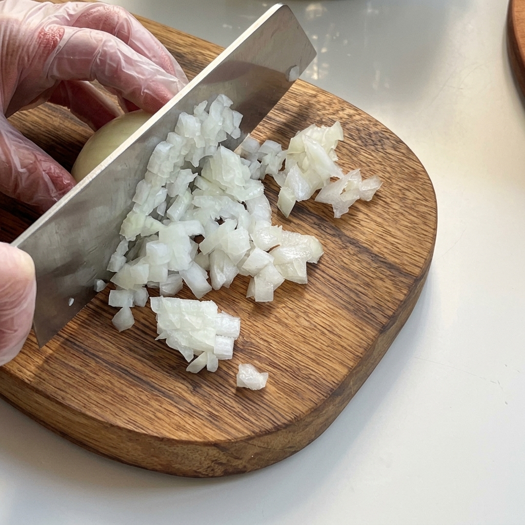 Pequeños cubos de cebolla, papa y apio ordenados en una tabla de cortar de madera.