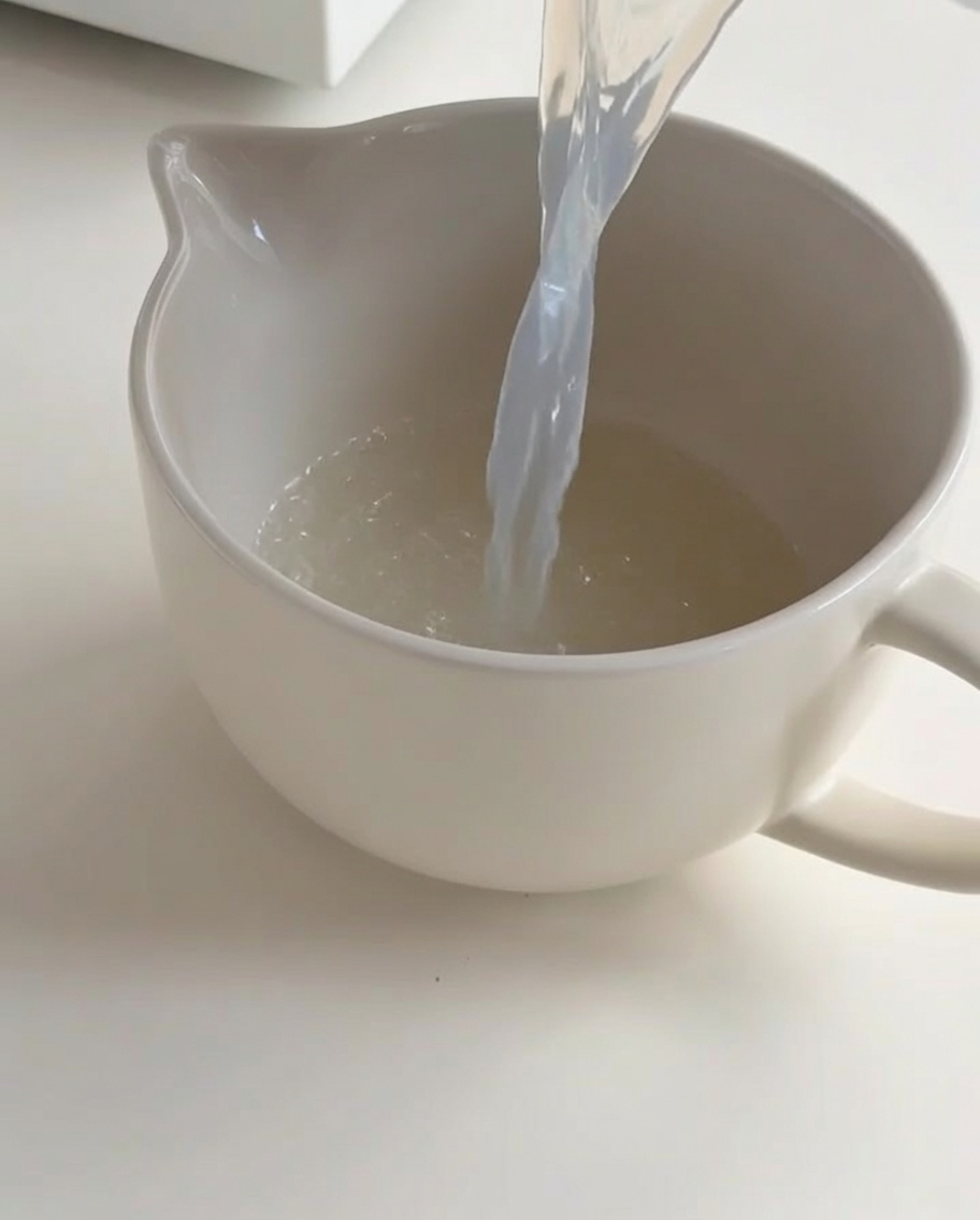 Caldo de almejas transparente siendo vertido en una jarra de cerámica blanca.