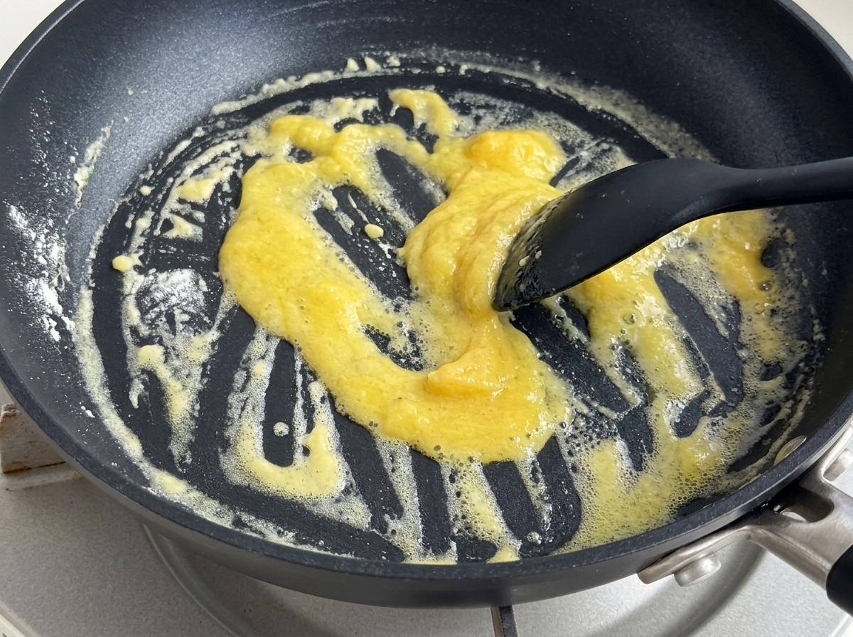 Nata y leche siendo vertidas en la sartén sobre el roux cocinado.