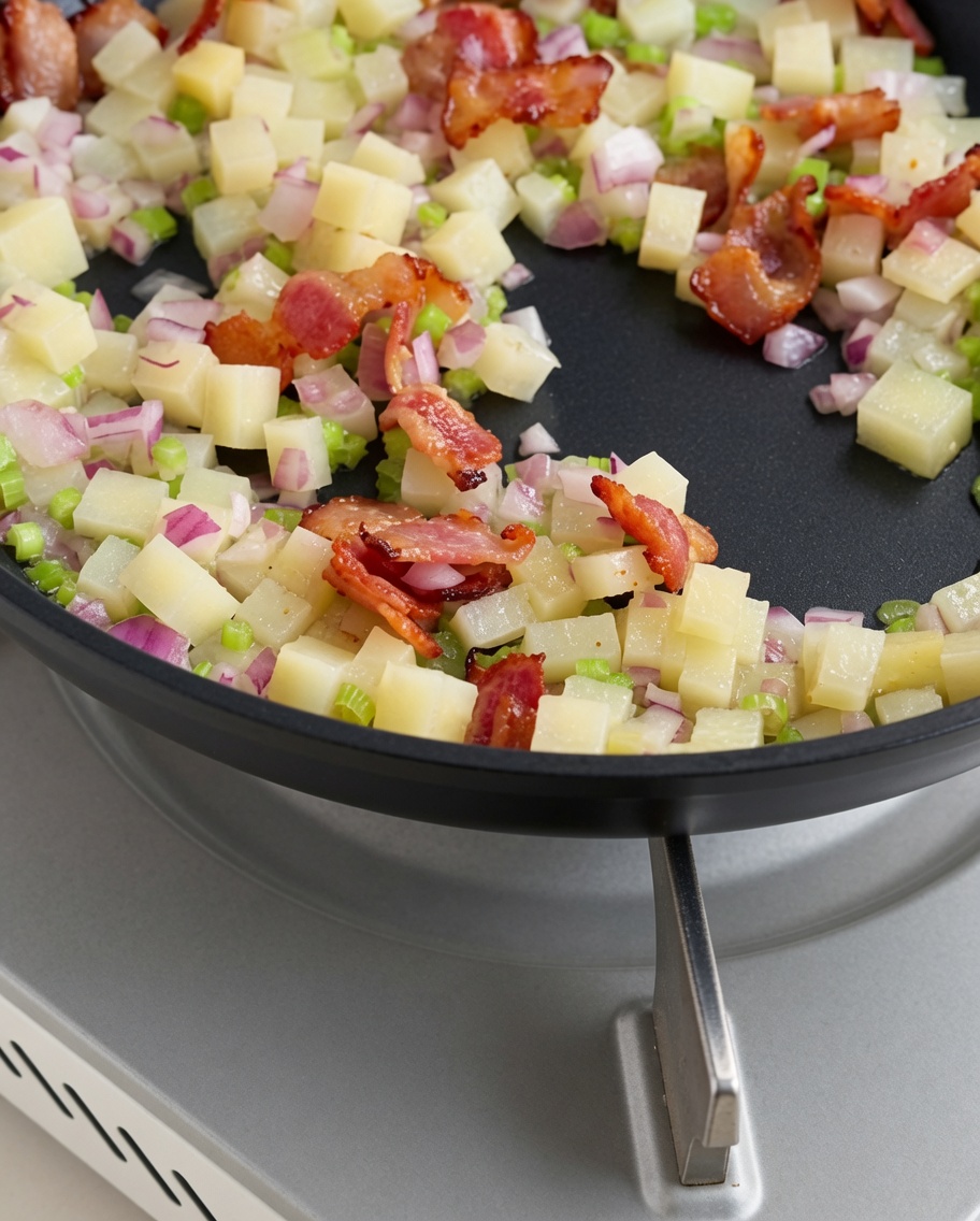 Caldo de almejas siendo vertido sobre las verduras y el tocino en la sartén.
