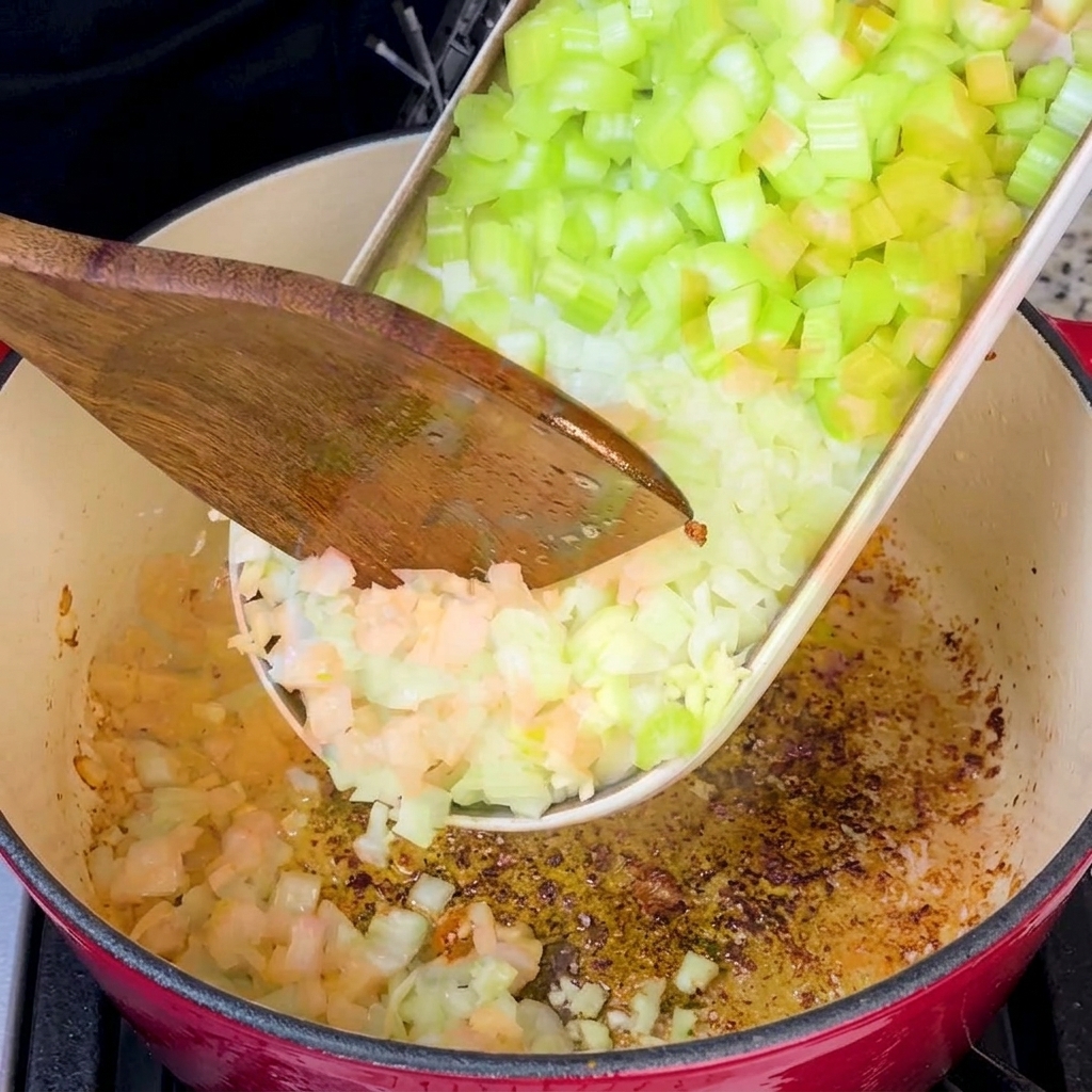 La mezcla de verduras salteándose en una olla con grasa de tocino.