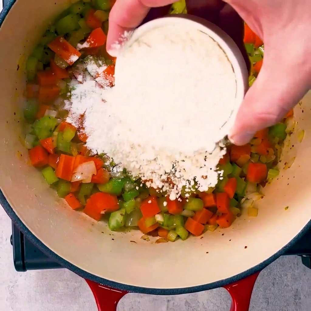 Harina siendo añadida y mezclada con las verduras en la olla.