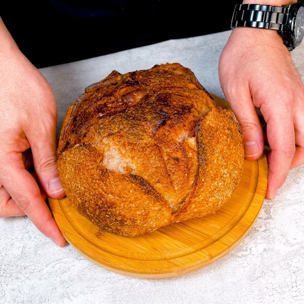 Un cuchillo cortando una apertura circular en la parte superior de una hogaza de pan de masa madre.