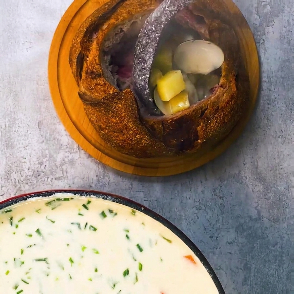 Sopa de almejas siendo servida en el cuenco de pan de masa madre.