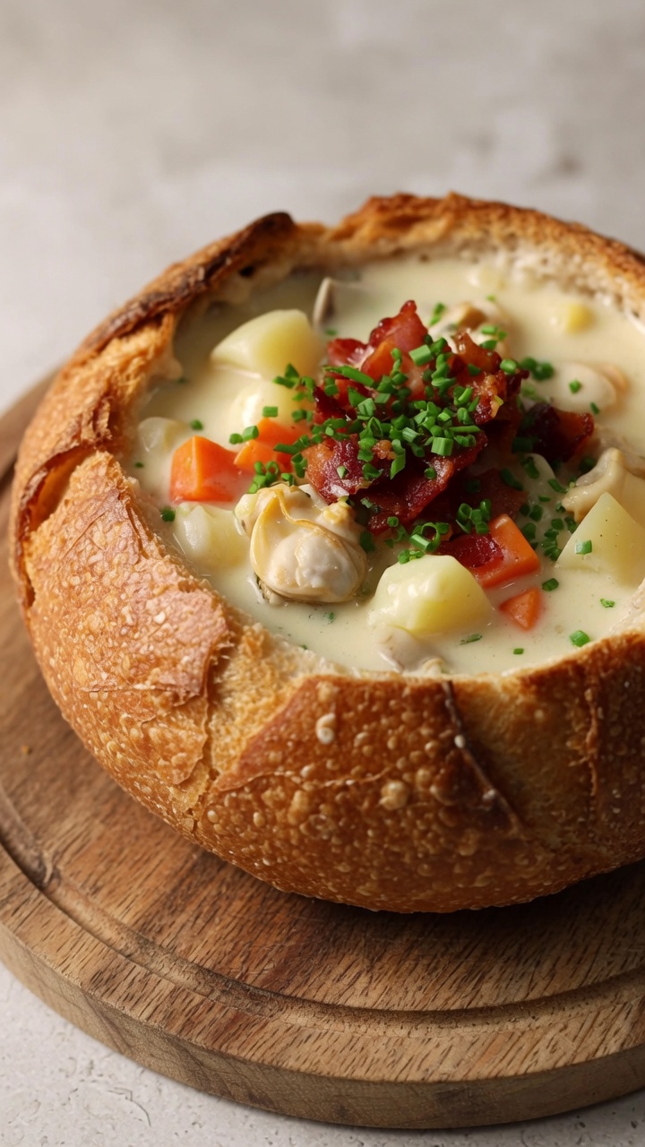 Clam Chowder al Estilo Nueva Inglaterra en Pan de Masa Madre