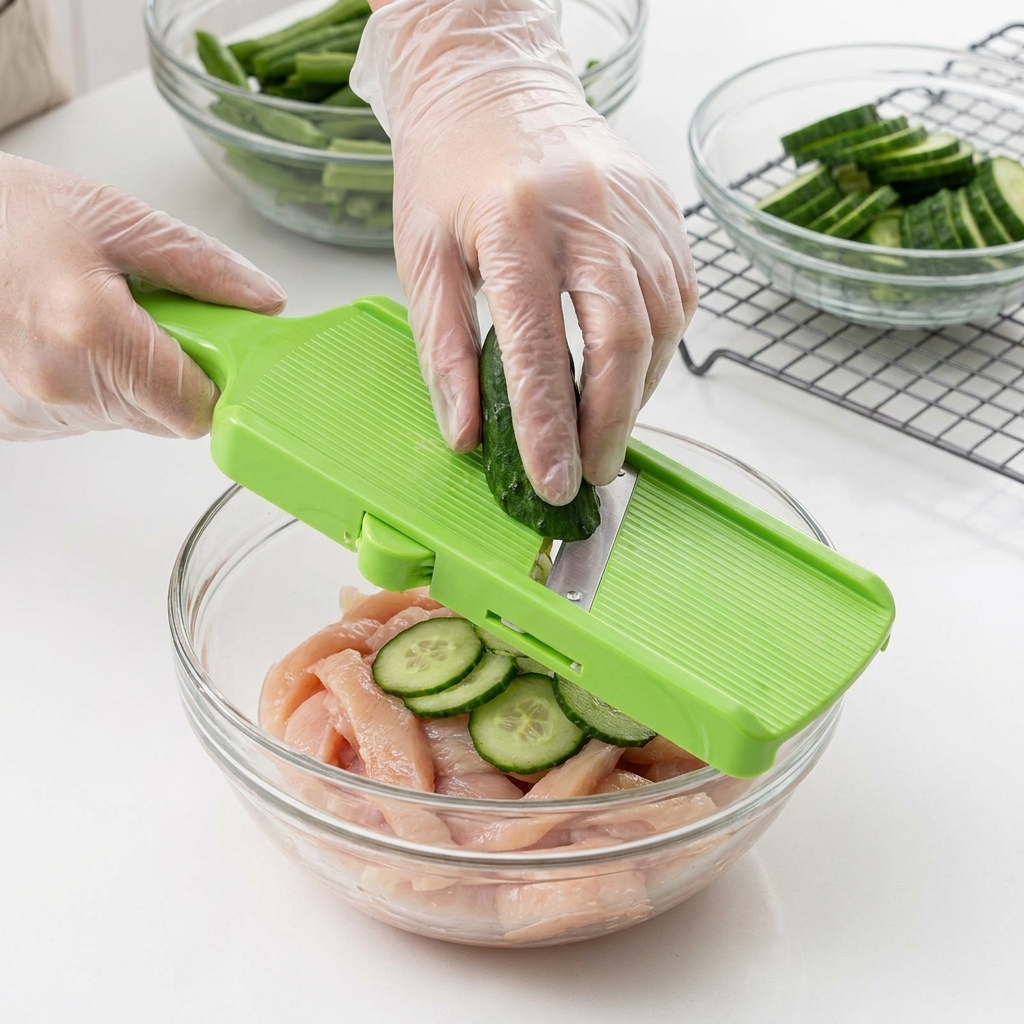 Una tira de pollo crudo siendo enrollada alrededor de una pieza individual de okra.