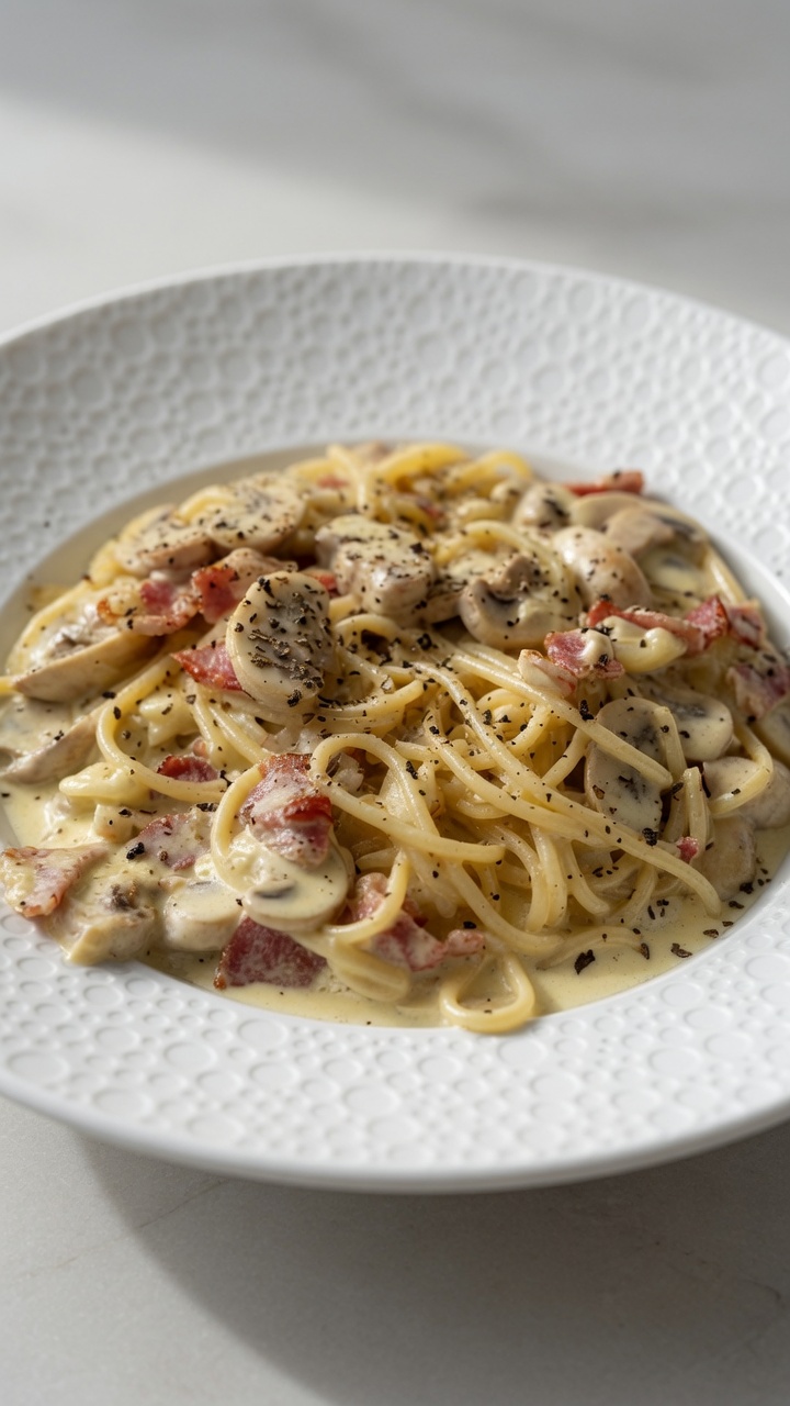 Pasta Cremosa con Champiñones y Panceta