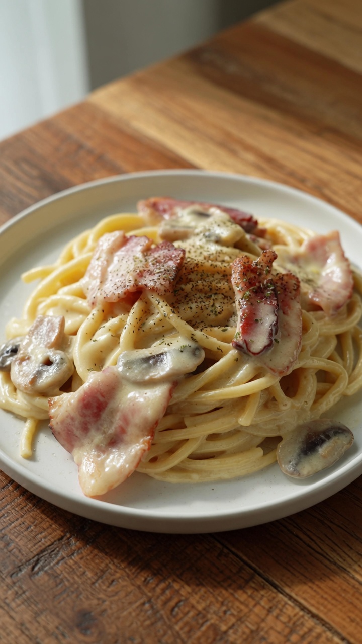 Pasta Cremosa con Tocino y Champiñones