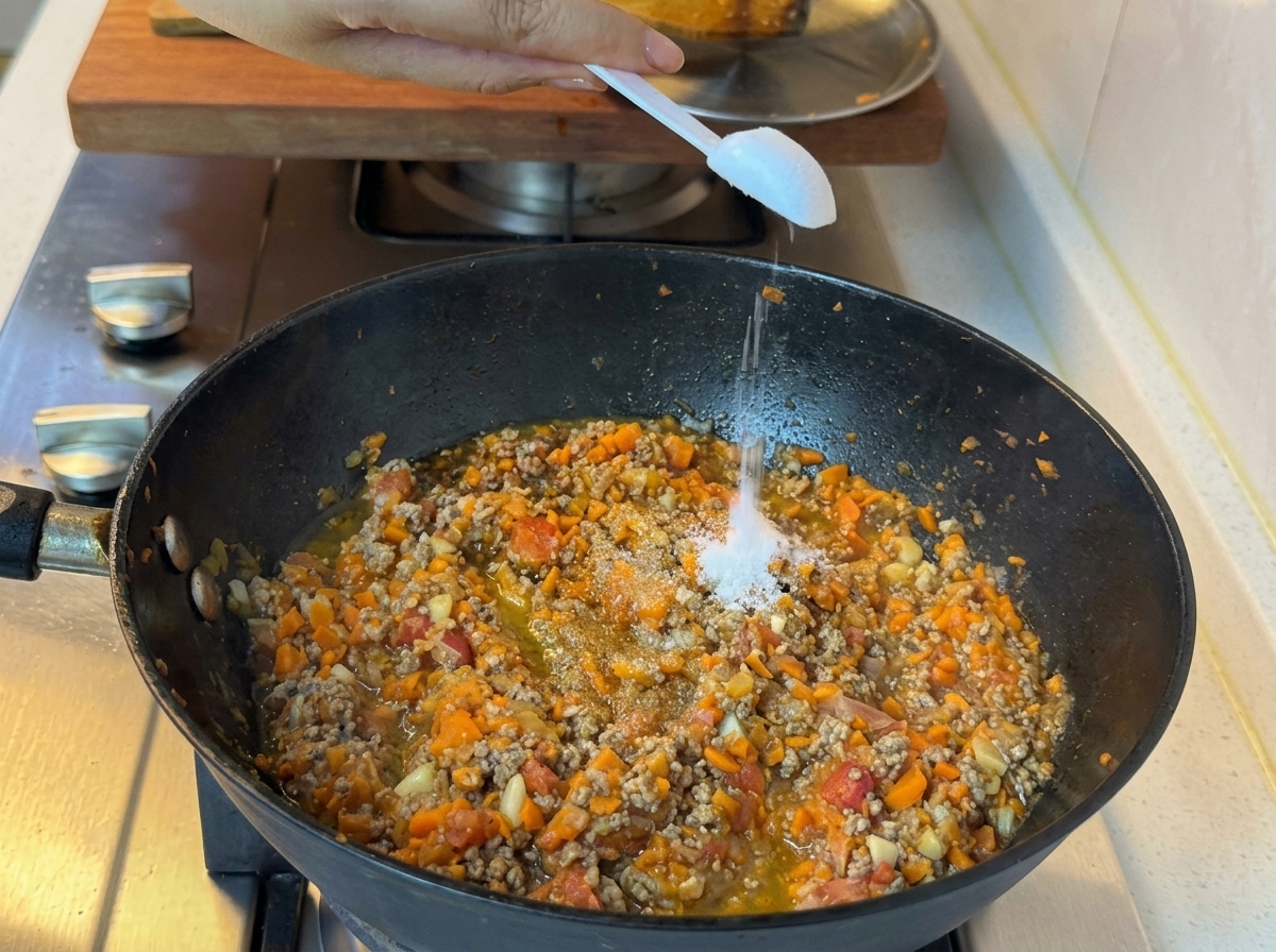 Añadiendo ingredientes de condimento a la sartén con la mezcla de carne y verduras.