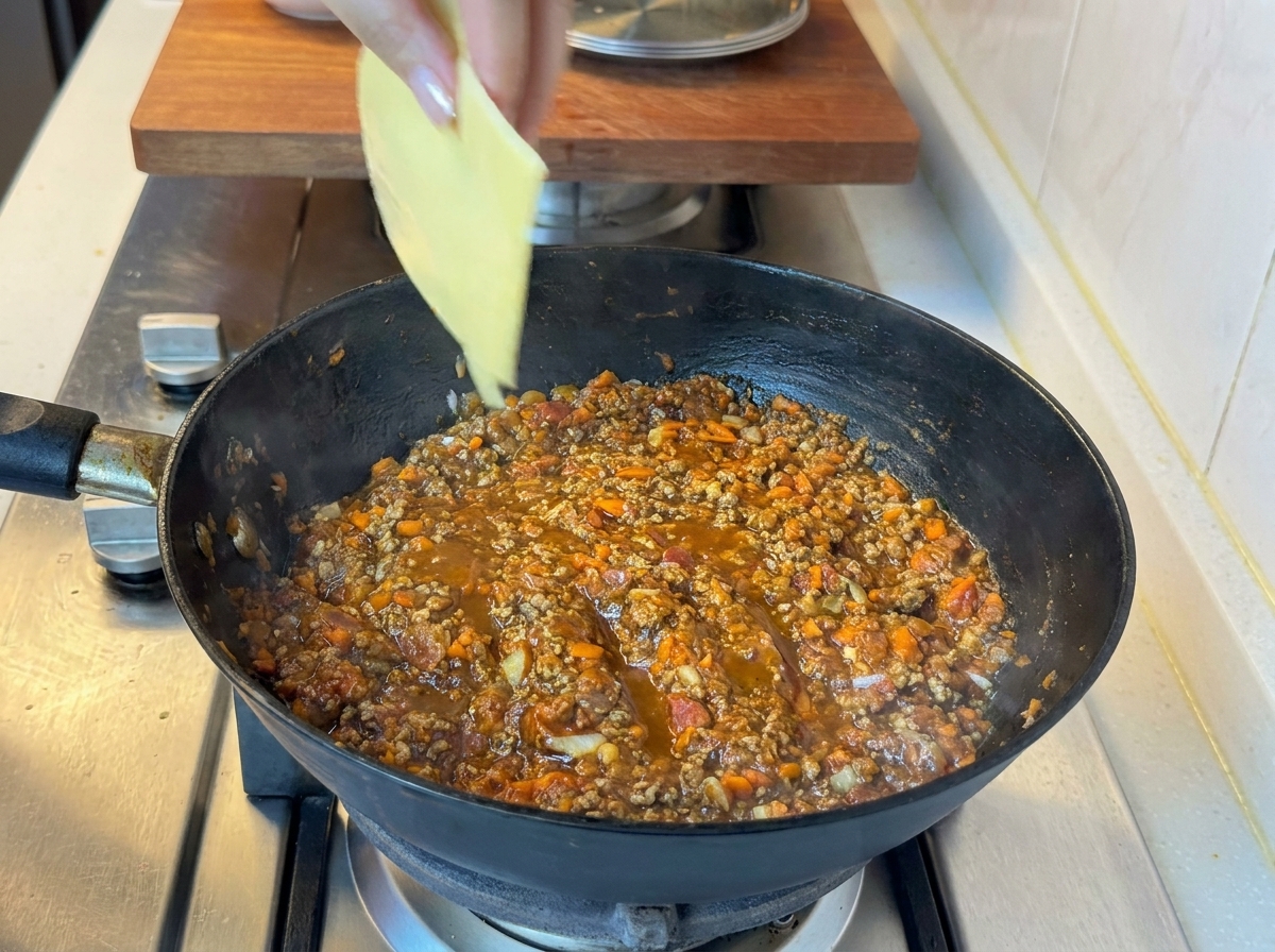 Lonchas de queso derritiéndose dentro de la salsa de carne y tomate en la sartén.
