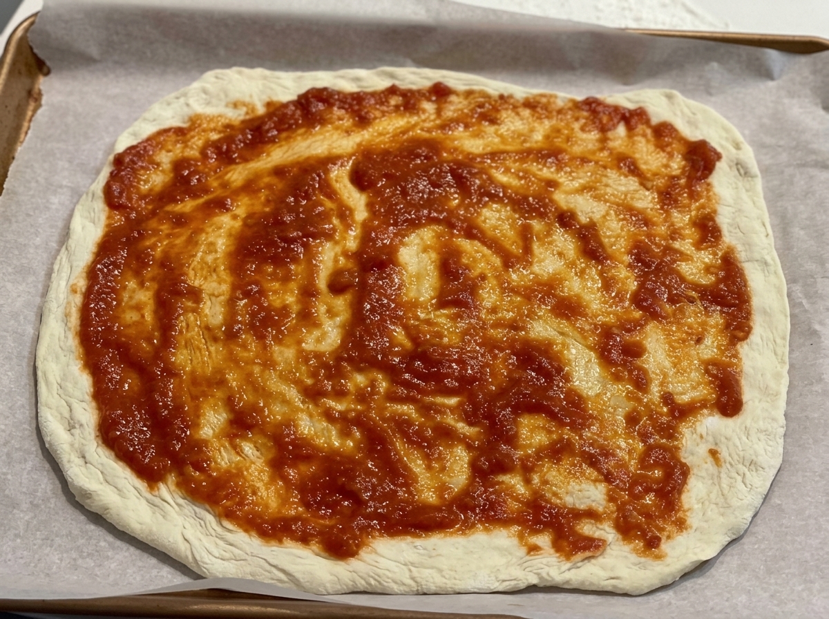 Salsa de tomate siendo extendida uniformemente sobre la base de la masa con una cuchara.
