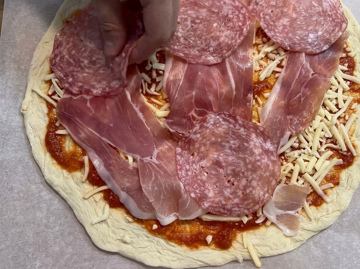 Rodajas de salami y prosciutto siendo acomodadas sobre la pizza cubierta de queso.