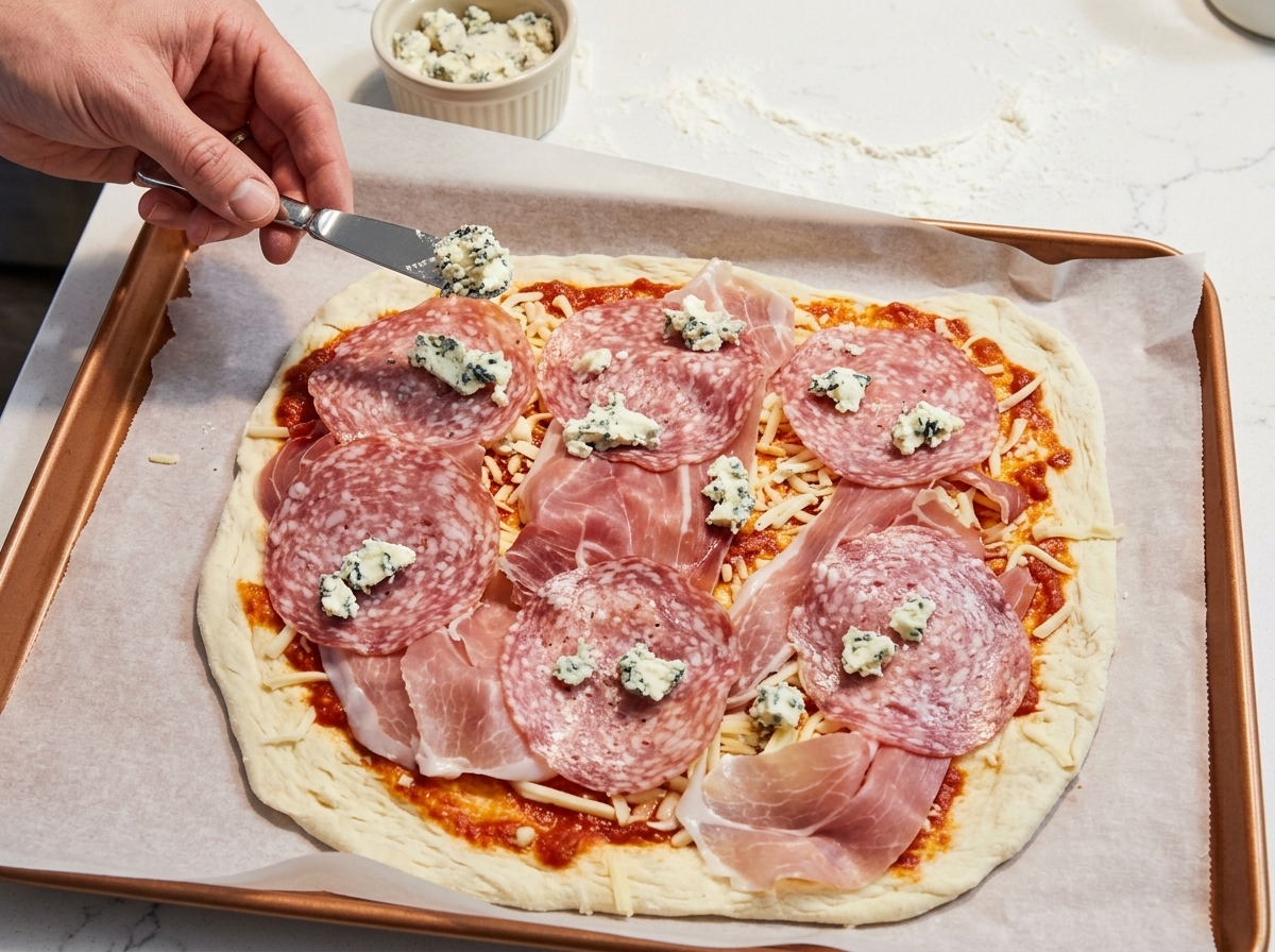 Pequeños trozos uniformes de queso de cabra cremoso siendo colocados sobre la pizza con un cuchillo.