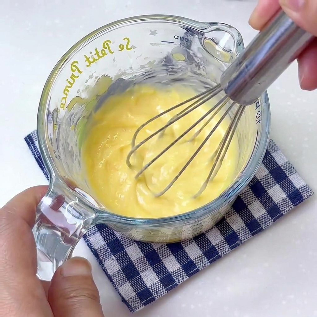 Mezclando queso fundido y leche en una jarra medidora para crear una base cremosa.
