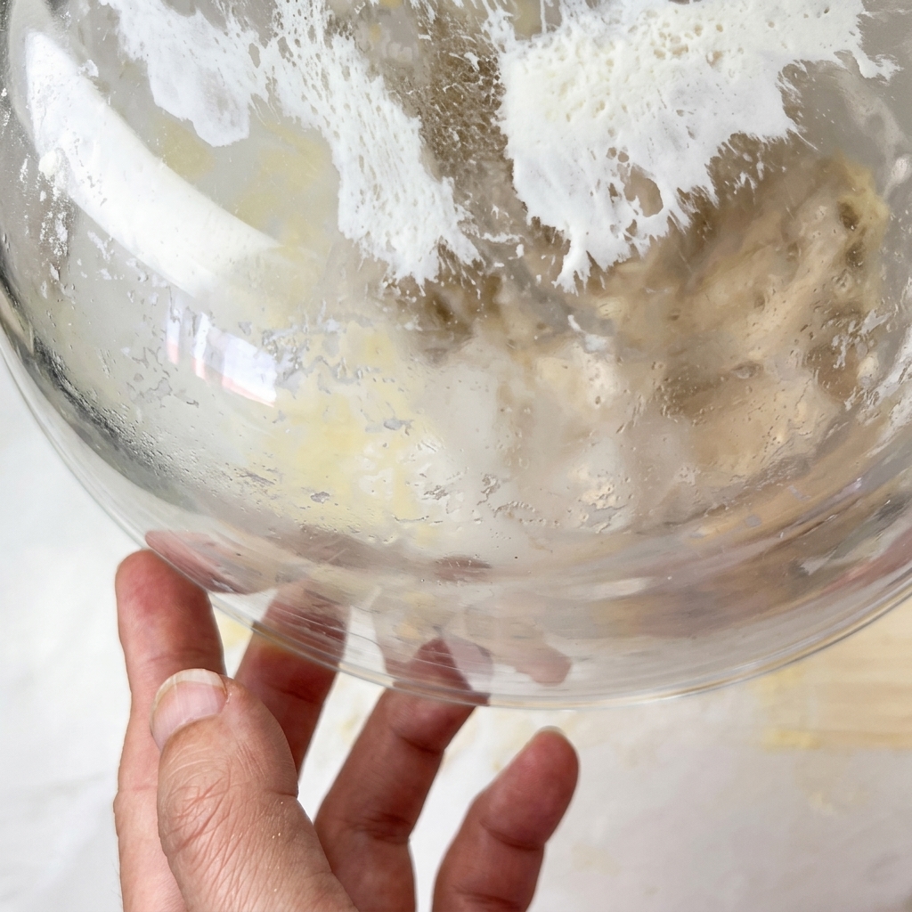 Masa de pizza fermentada siendo volcada sobre una superficie enharinada y presionada a mano.