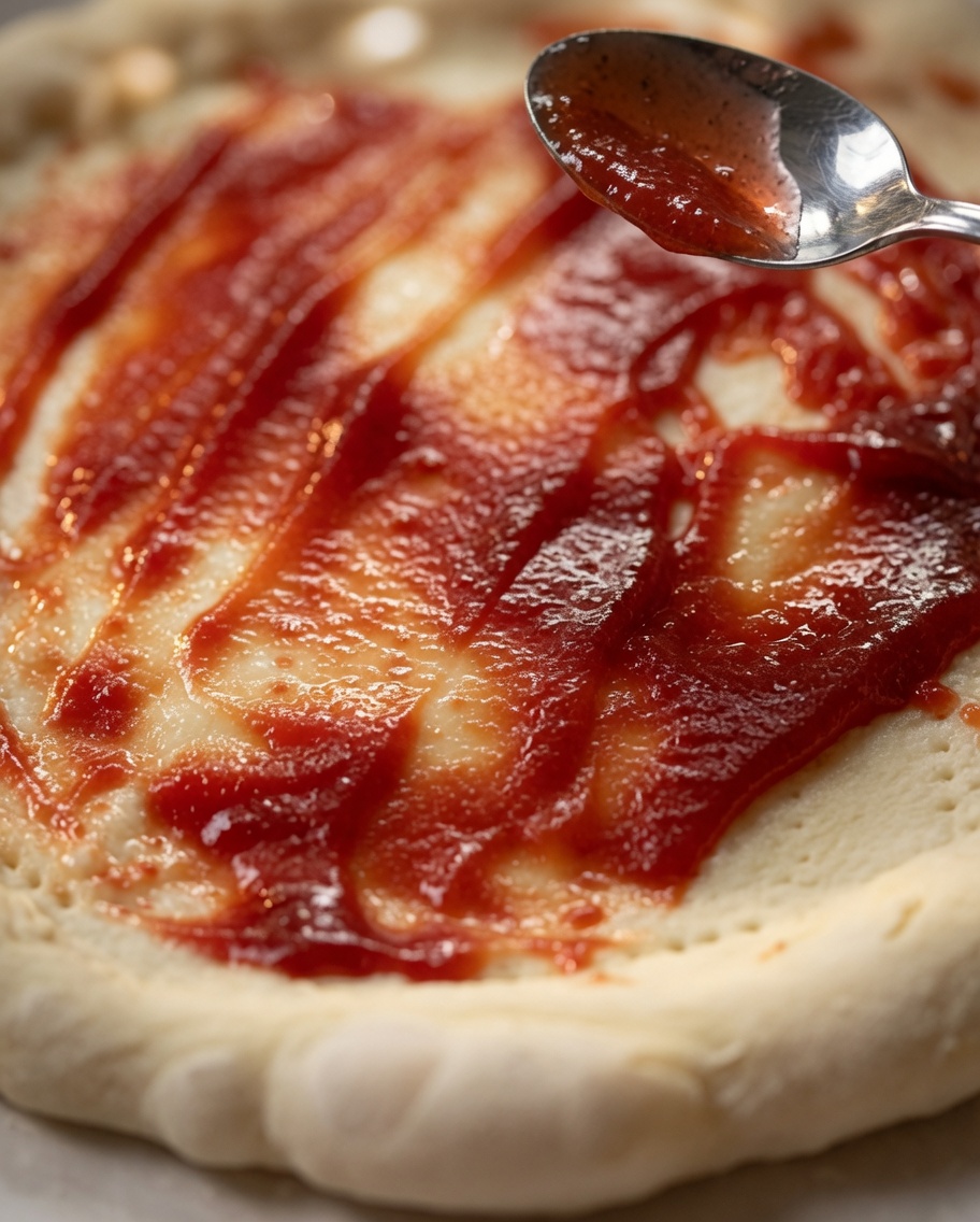 Una cucharada de salsa de tomate siendo extendida uniformemente sobre una base redonda de masa de pizza.