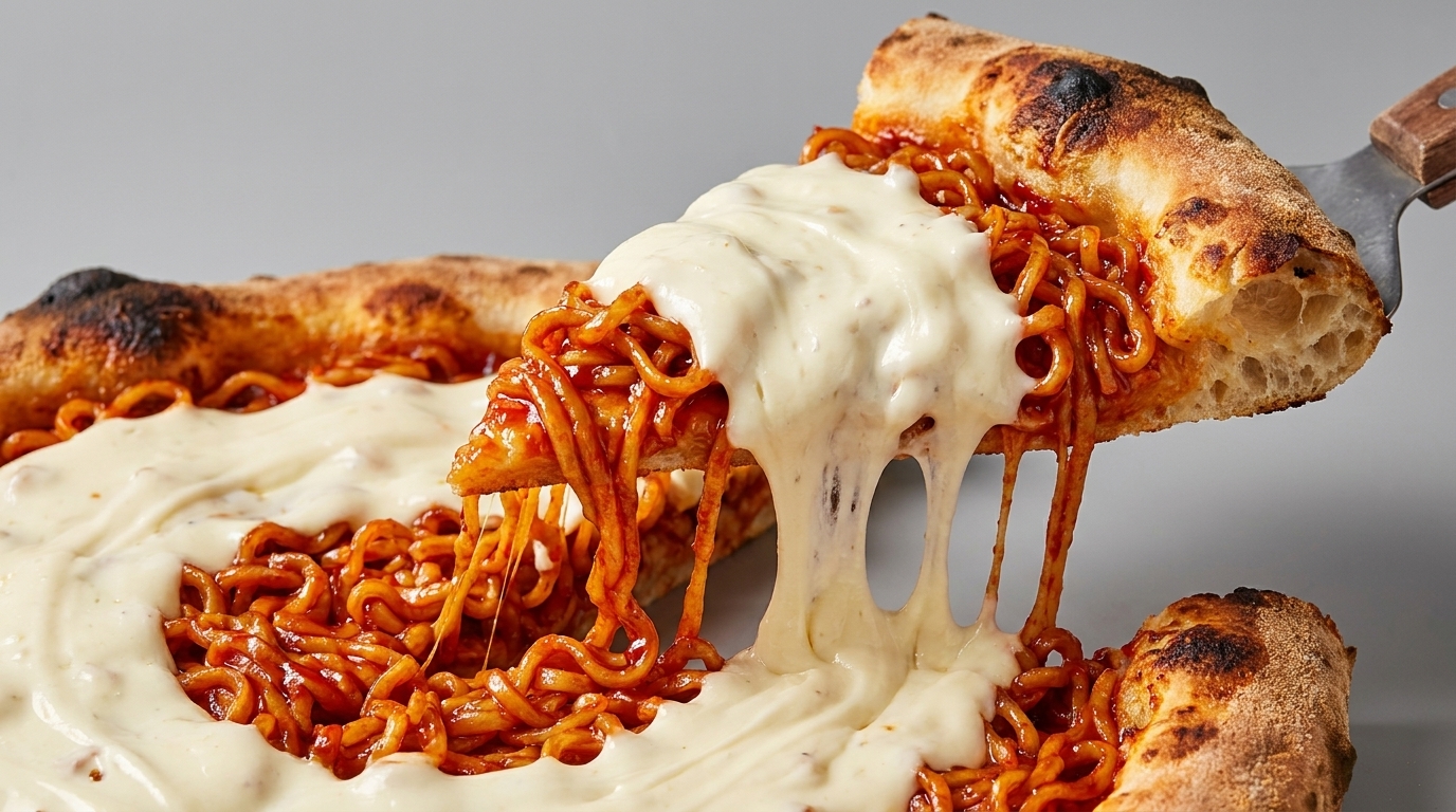 Pizza de Ramen Buldak con Crema de Queso