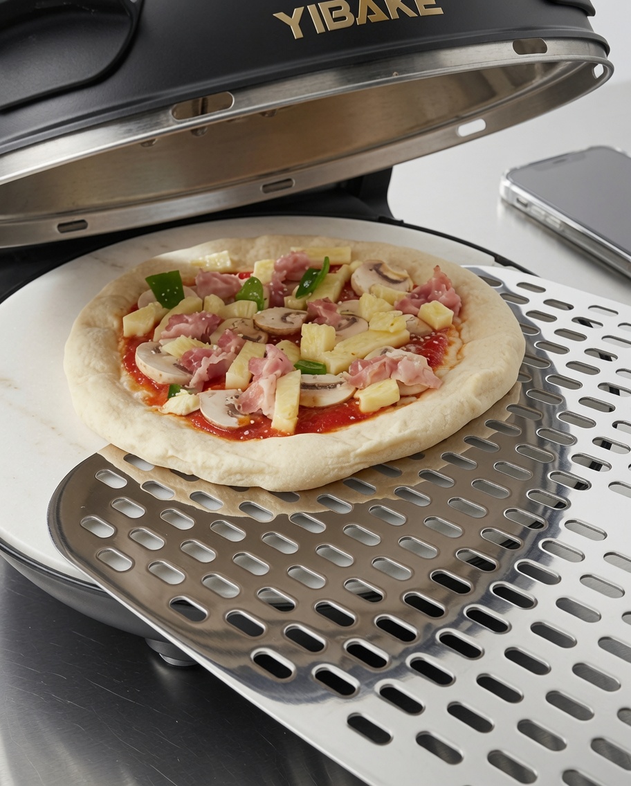 Masa de pizza cubierta con champiñones, salchicha de cerdo y jamón.