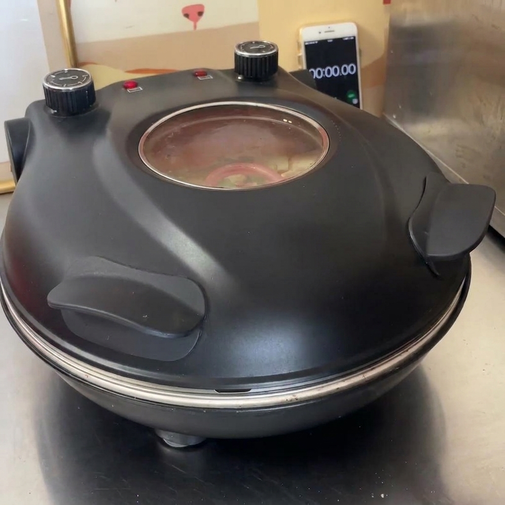 La tapa del horno Yibake cerrándose para hornear la pizza.