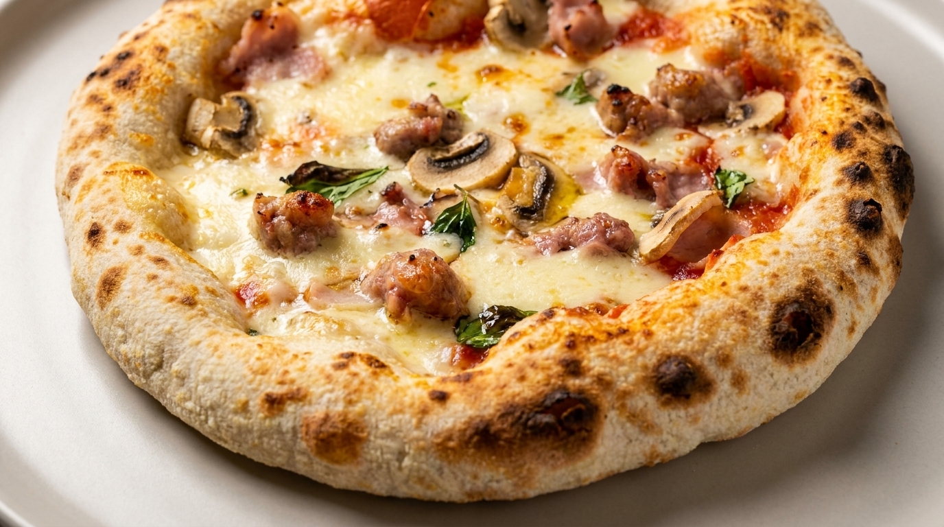 Pizza Gourmet de Champiñones, Salchicha y Jamón