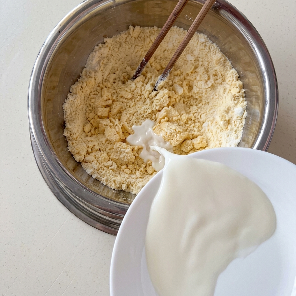 Leche siendo vertida al bol mientras los ingredientes se remueven con palillos.