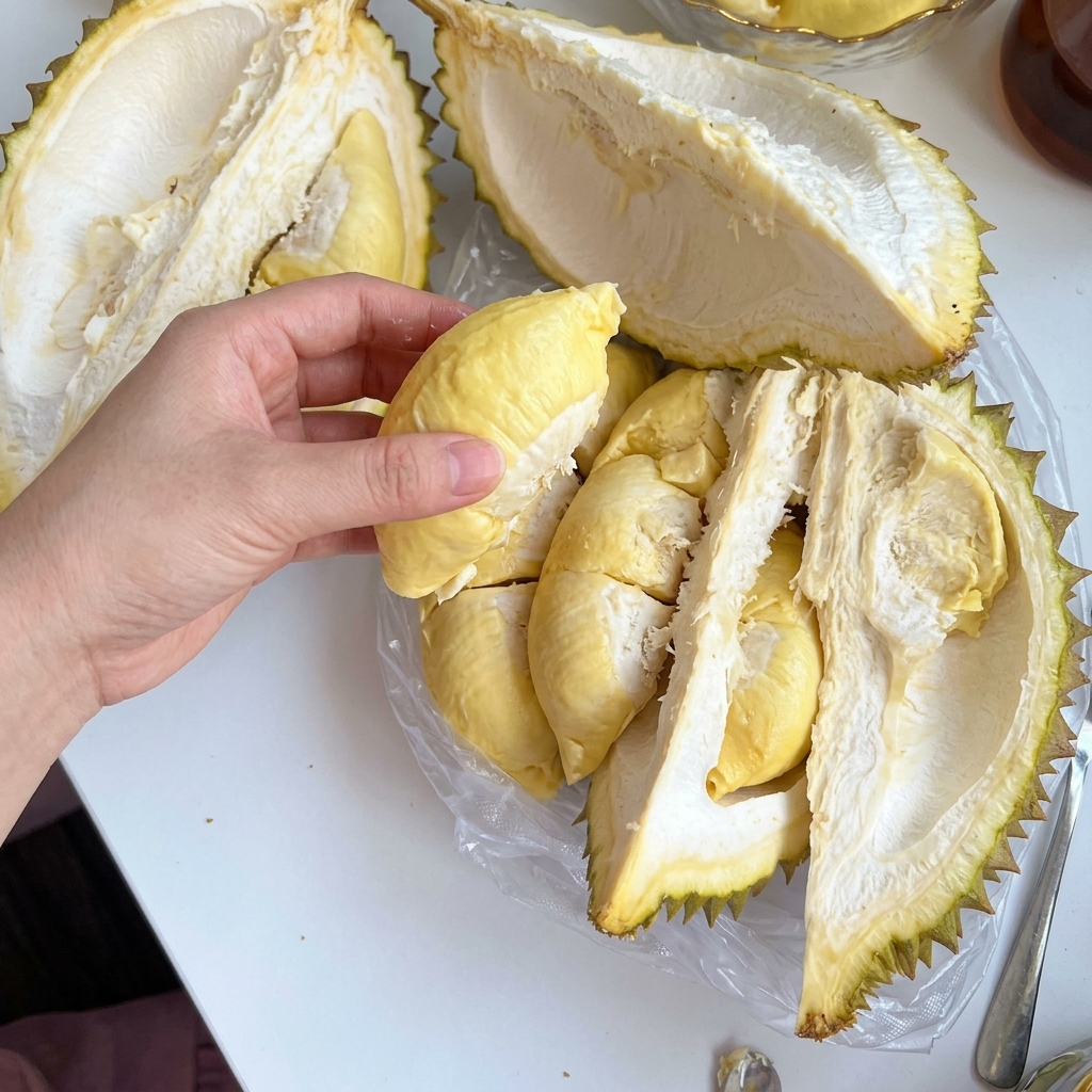 Trozos de durián amarillo fresco en un cuenco de cristal.