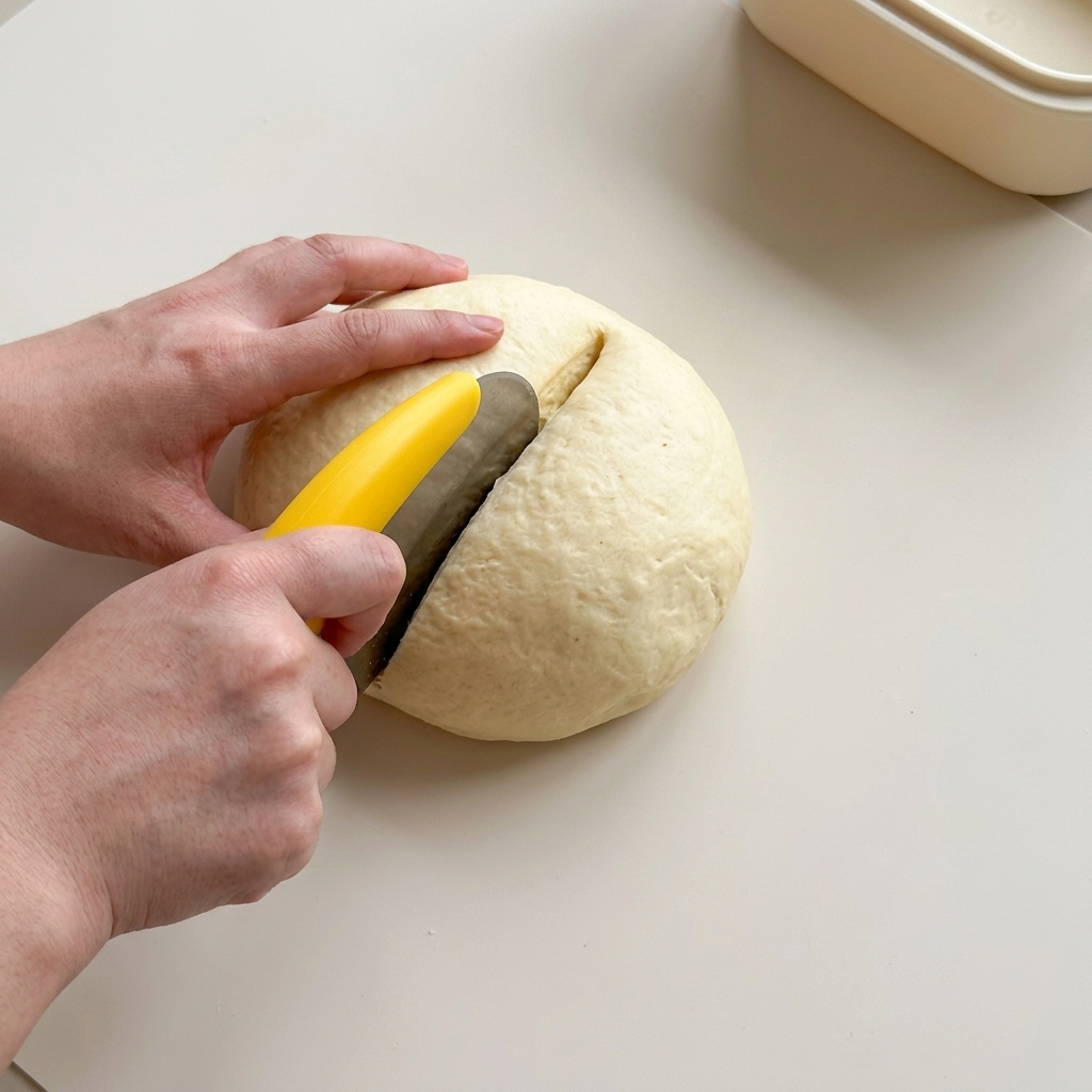 Bola de masa fermentada siendo cortada en dos porciones iguales con un raspador de plástico.