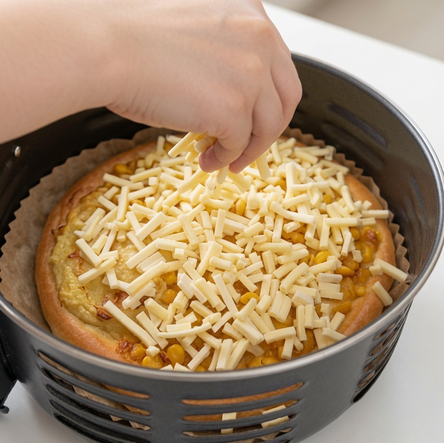 Mano espolvoreando mozzarella sobre la pizza ya colocada en la air fryer.