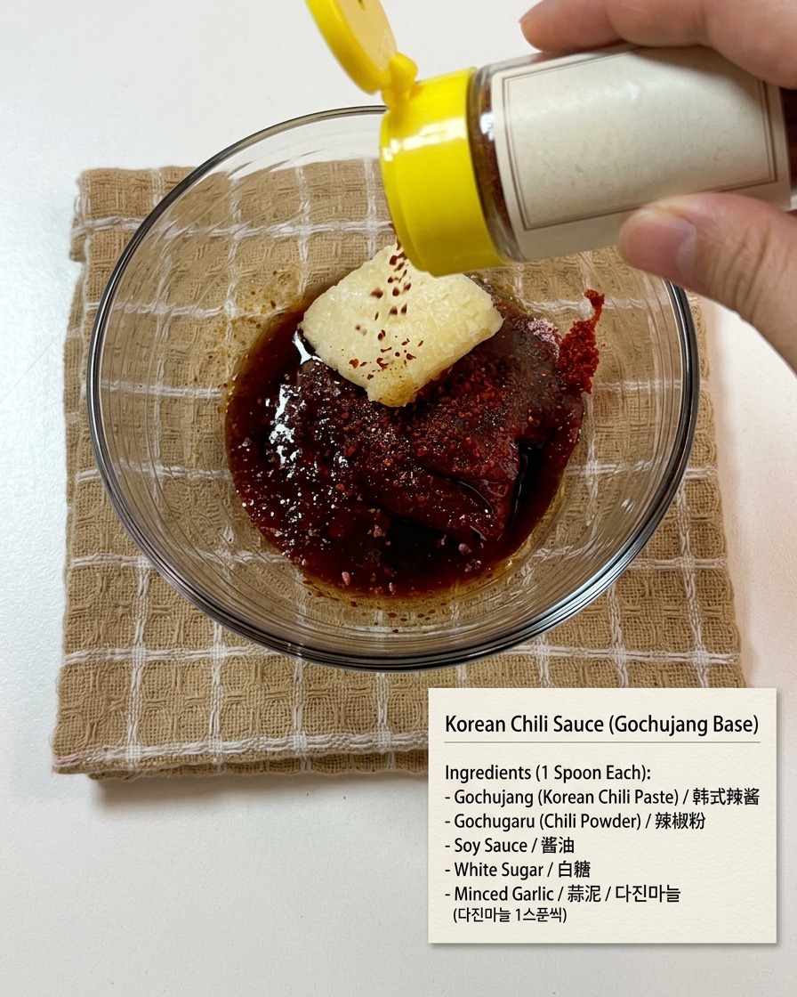 Ingredientes de la salsa de gochujang mezclándose en un bol de vidrio.