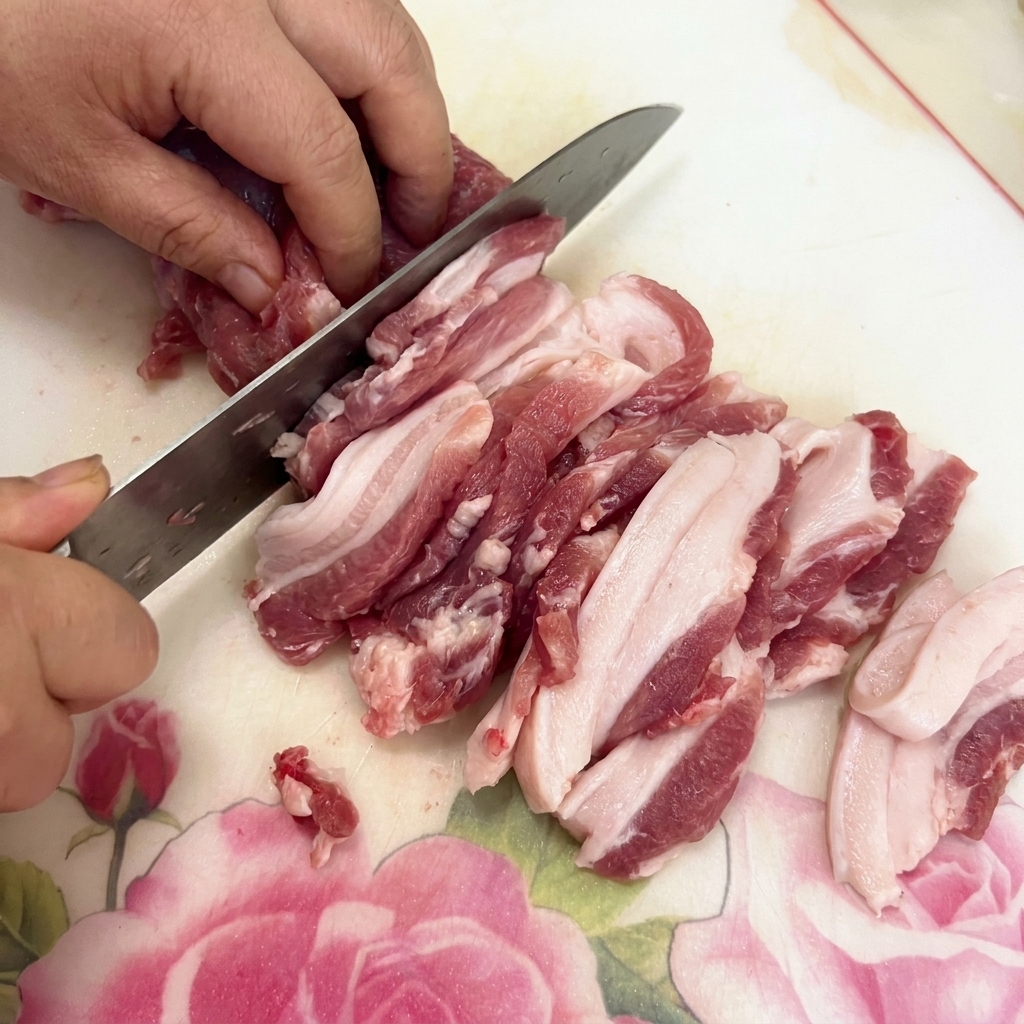 Rodajas de panceta de cerdo cruda dispuestas sobre una tabla de cortar.