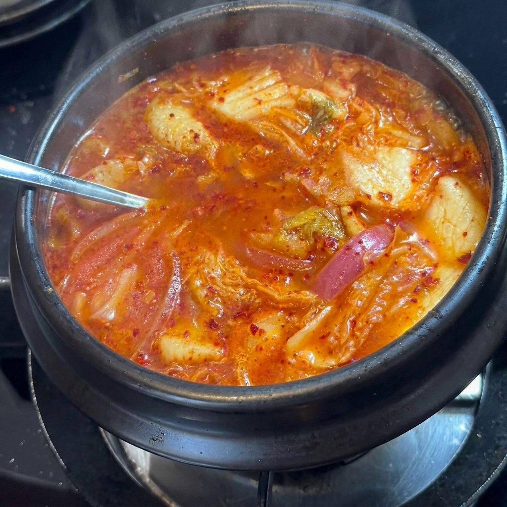 Una cucharada de azúcar siendo añadida al estofado de kimchi a fuego lento.