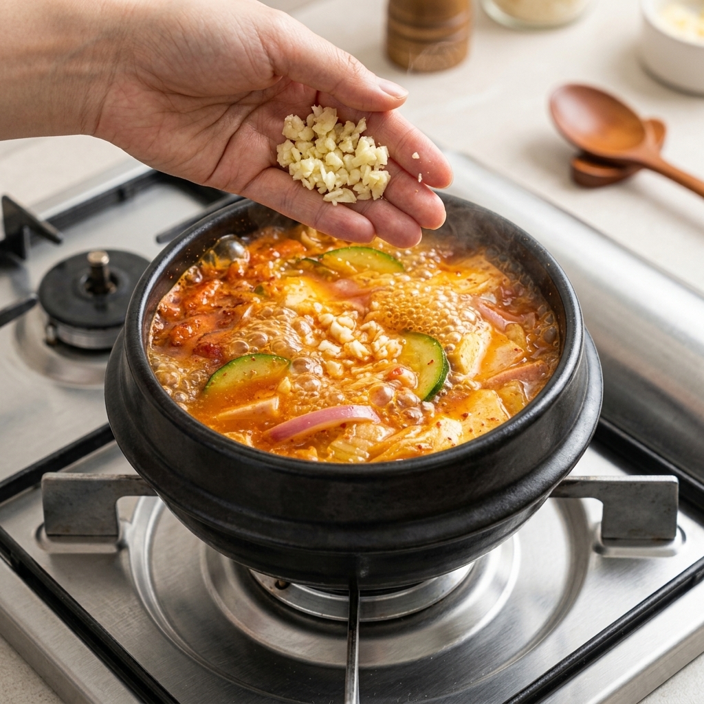 Ajo fresco picado siendo esparcido sobre la olla de estofado hirviendo.