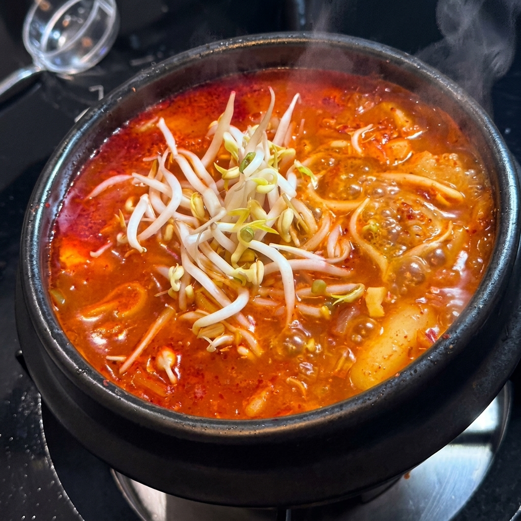 Brotes de soja frescos siendo añadidos sobre el estofado de kimchi hirviendo.