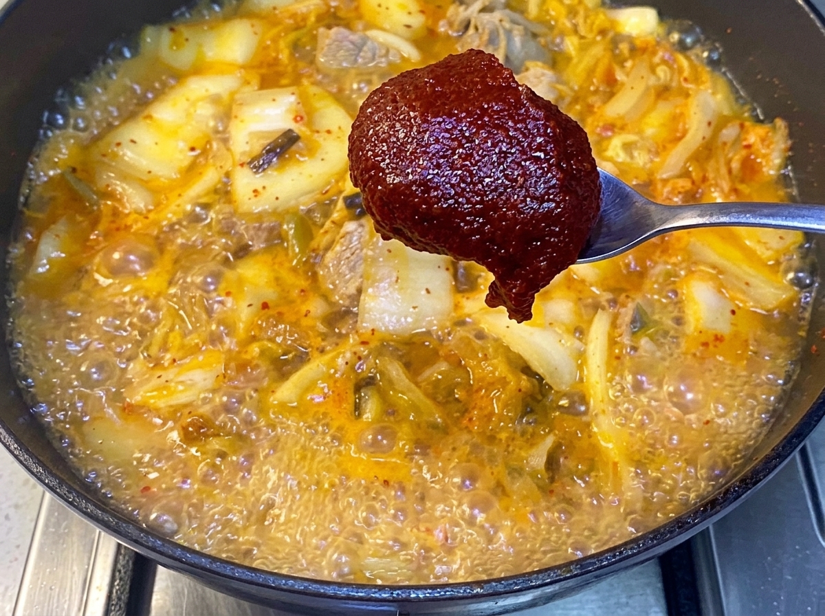 Pasta de chile coreano siendo incorporada al estofado burbujeante con una cuchara.