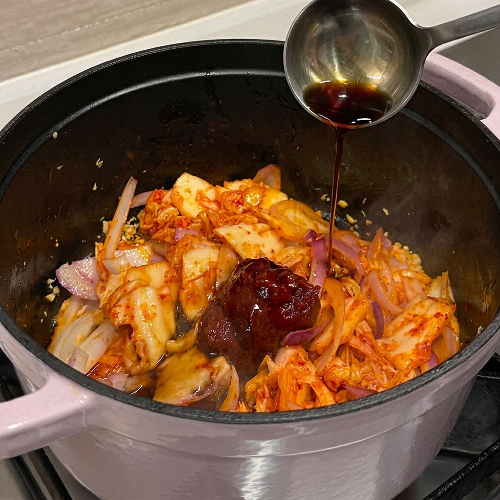 Cucharón vertiendo salsa oscura en la olla con kimchi y cebolla.