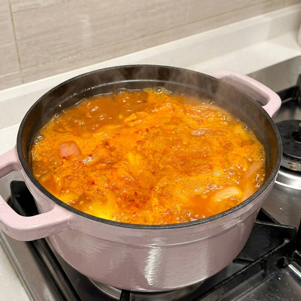 Una tapa rosa colocada sobre la sopa burbujeante.