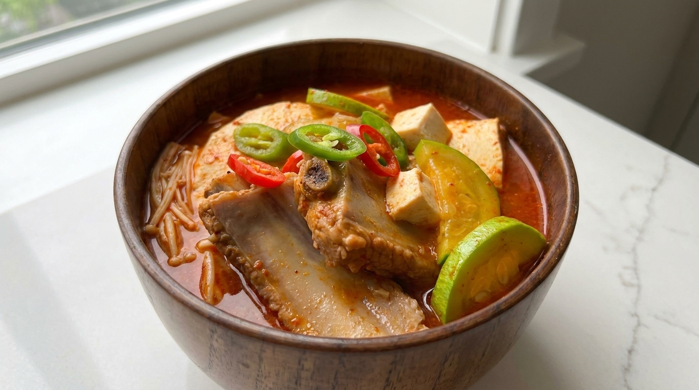 Sopa Coreana Picante de Kimchi y Costillas de Cerdo