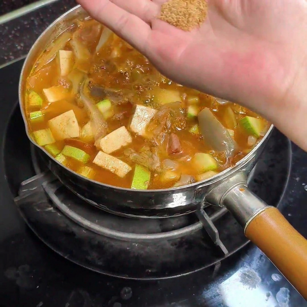 Una mano espolvoreando caldo de res en polvo de color marrón claro sobre una olla de estofado coreano hirviendo.
