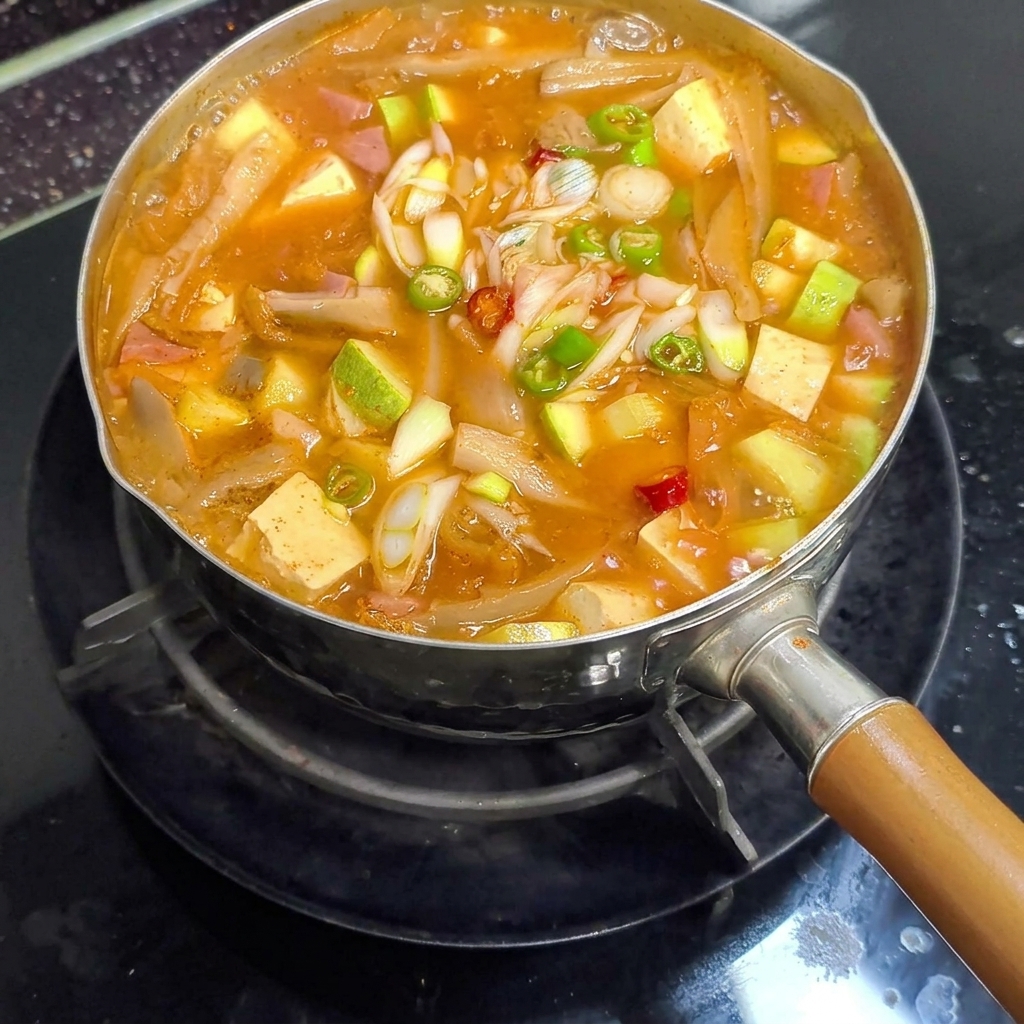 Primer plano de un estofado de pasta de soja coreano burbujeante y de colores brillantes en una olla, cargado de tofu, calabacín y chiles frescos, recibiendo un último revuelo.