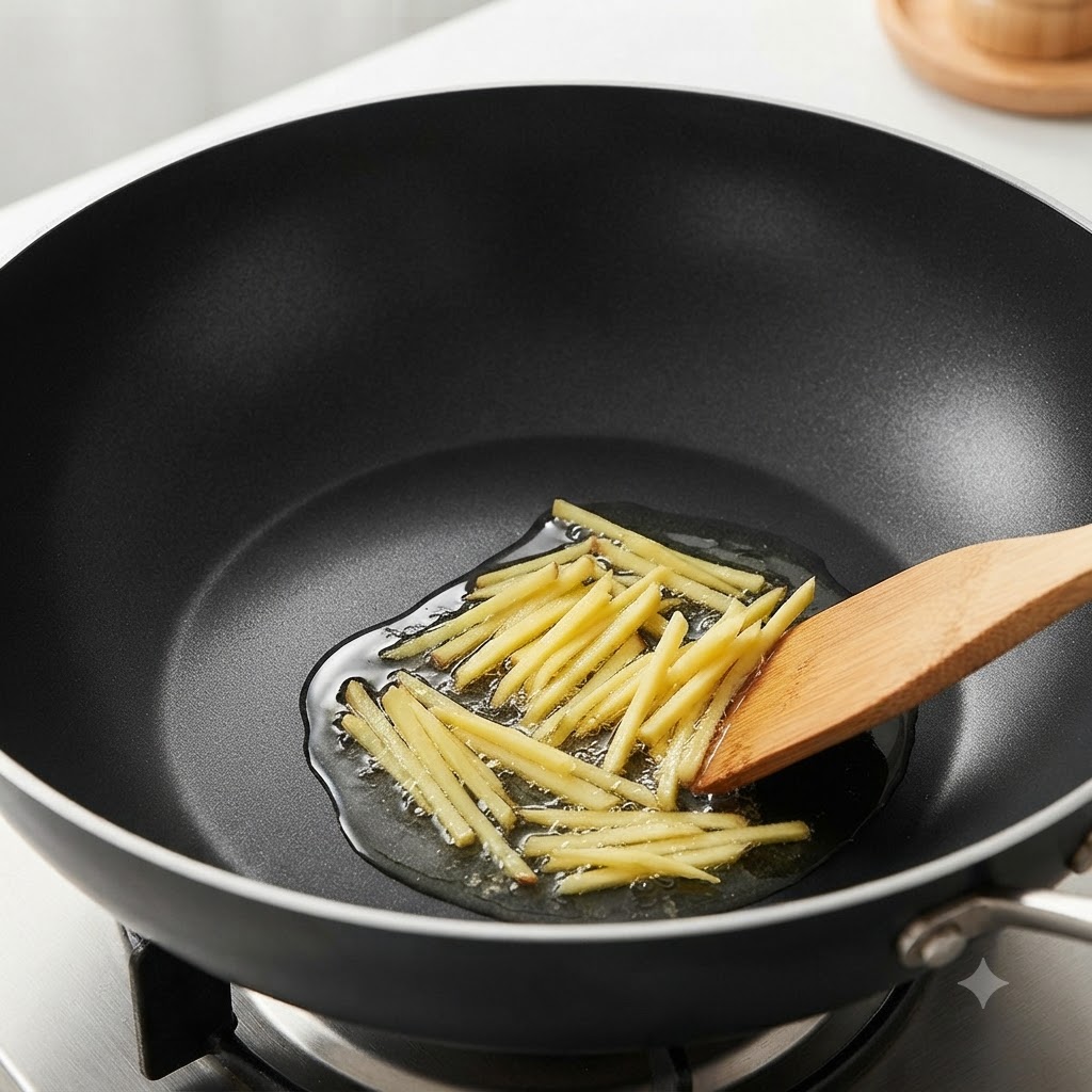 Jengibre en tiras friéndose en aceite caliente dentro de un wok oscuro.