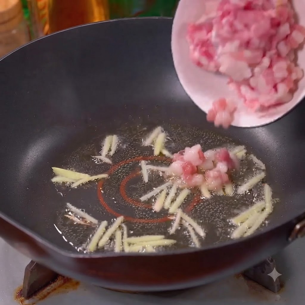 Carne de cerdo picada deslizándose desde un bol hacia el wok con jengibre.