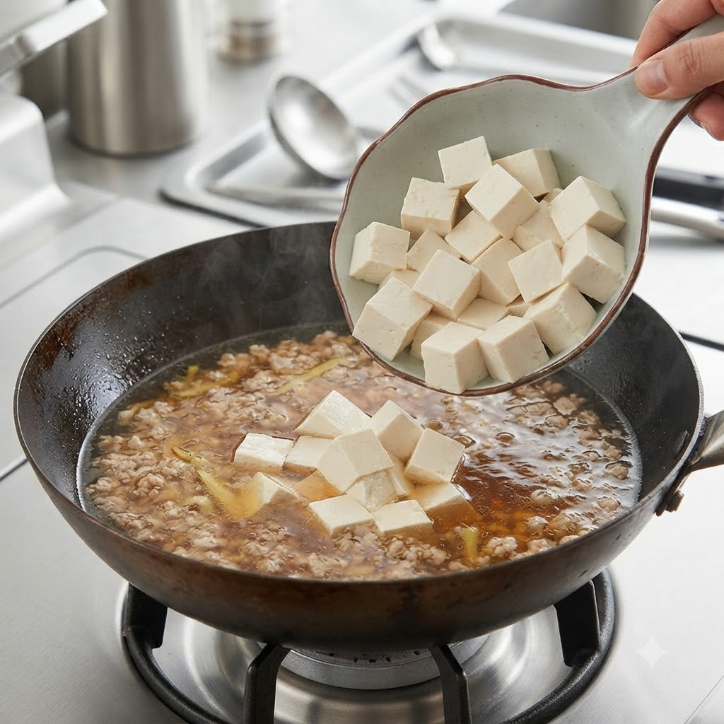 Cubos de tofu deslizándose hacia el caldo de sopa hirviendo a fuego lento.
