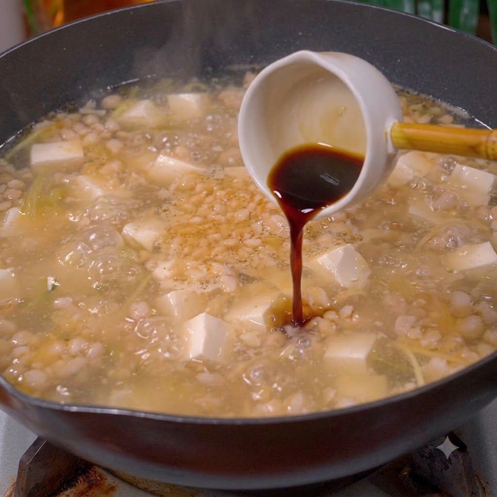 Salsa de soja oscura siendo vertida desde un cucharón blanco pequeño en un wok hirviendo lleno de sopa, tofu y carne picada.