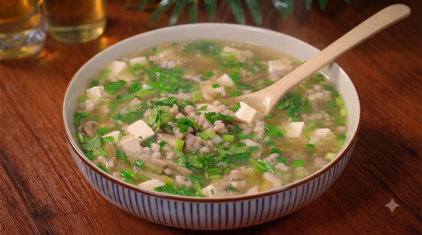 Sopa de Cerdo Picado y Tofu con Verduras de Mostaza Encurtidas