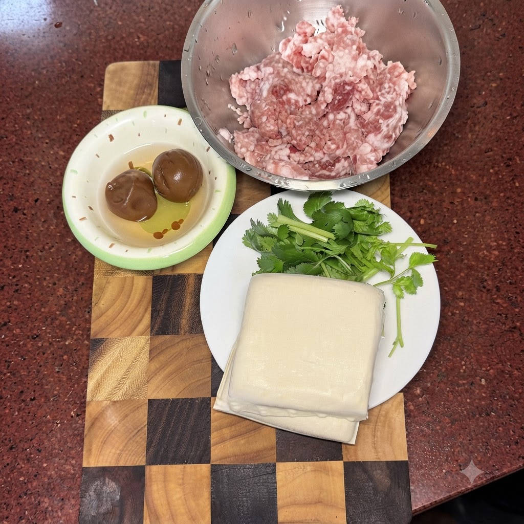 Carne de cerdo picada y ciruelas saladas siendo picadas juntas sobre una tabla de madera, con tofu y cilantro cerca.