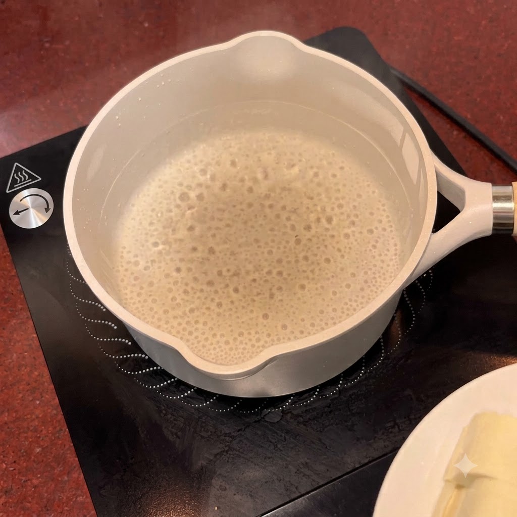 Trozos de tofu cocinándose a fuego lento en una olla con agua hirviendo sobre una estufa de inducción negra.