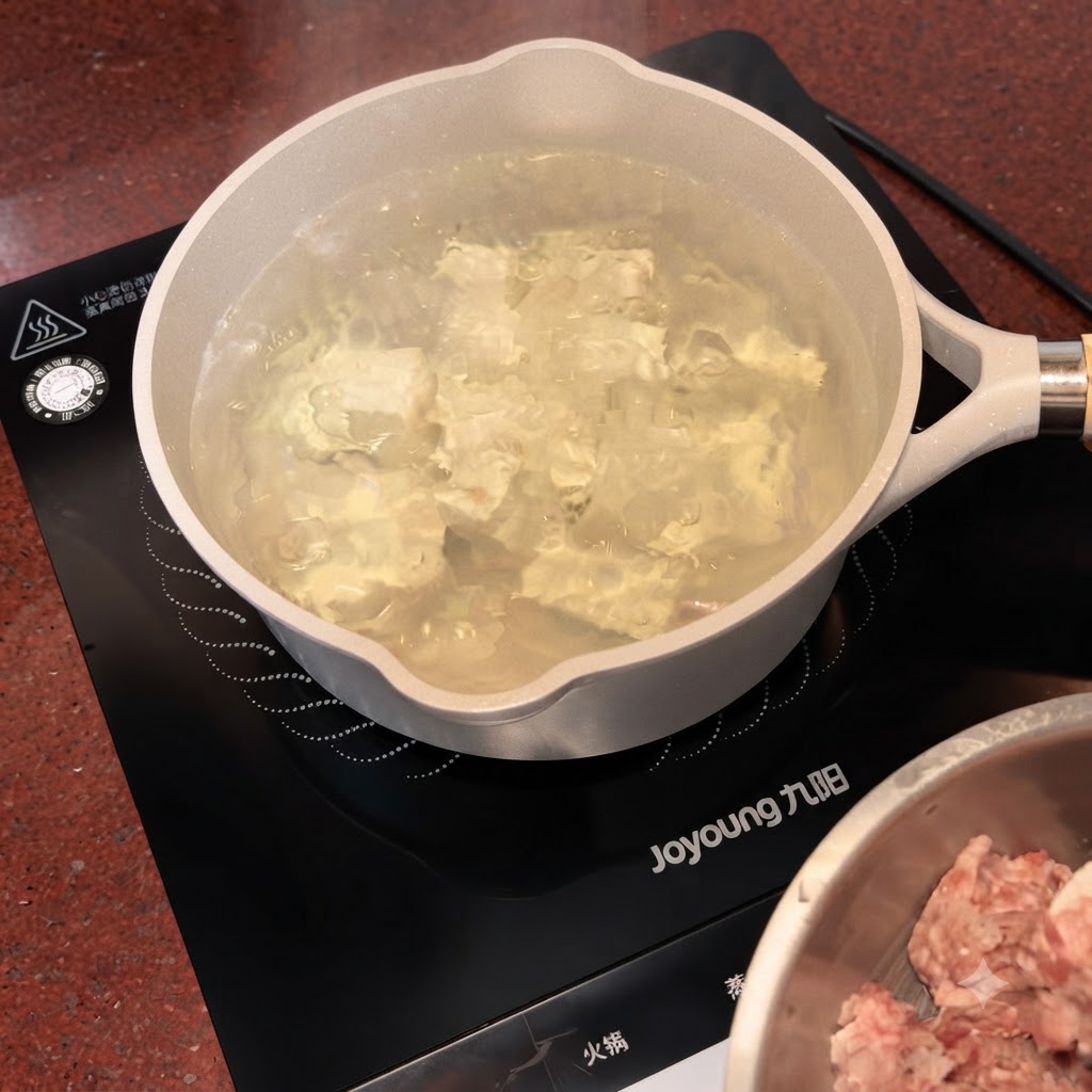 Pequeños trozos de cerdo picado cayendo desde una cuchara a la olla hirviendo con tofu y agua.