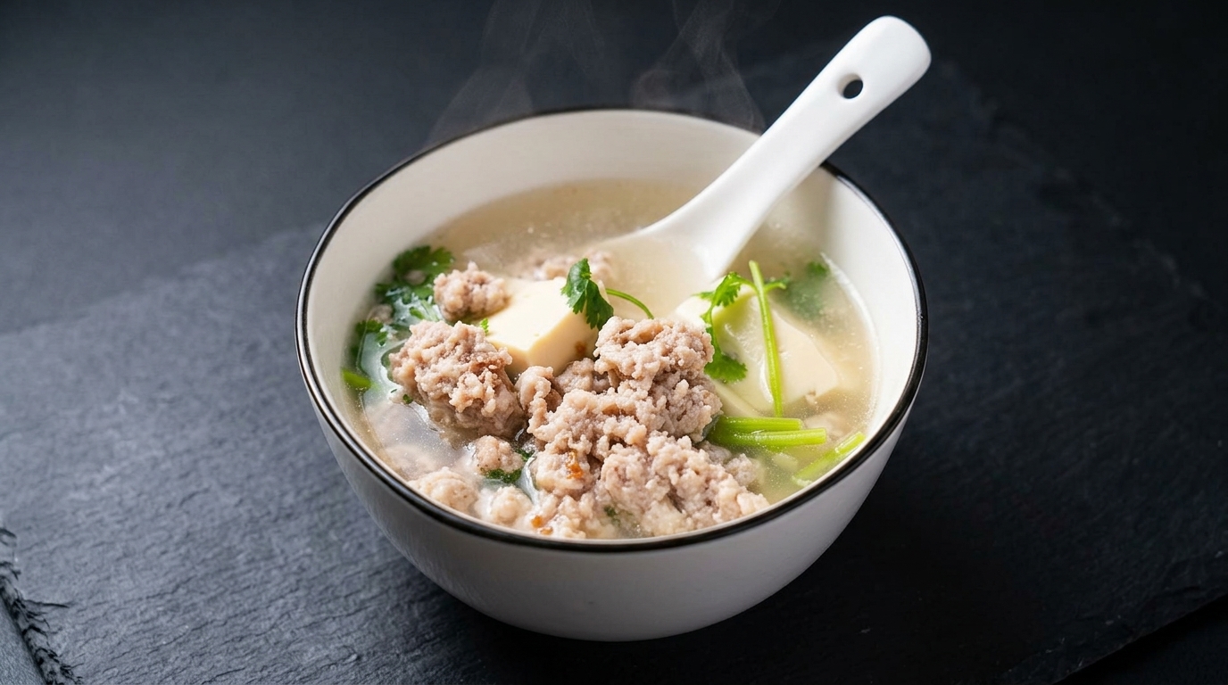 Sopa Reconfortante de Tofu y Albóndigas de Cerdo con Ciruela Salada