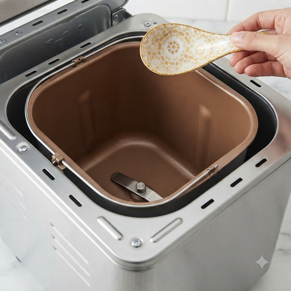 Una cuchara de cerámica con ingredientes sobre el recipiente interior de una panificadora.