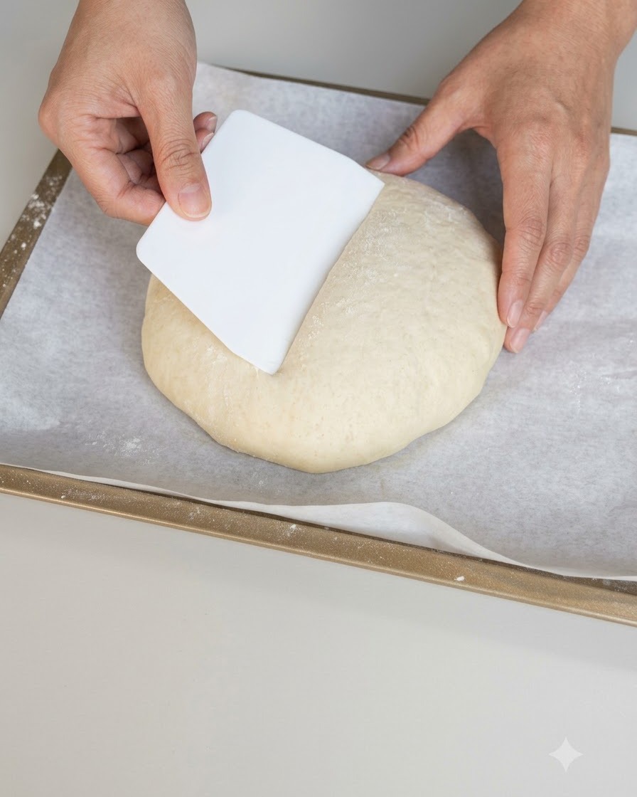 Manos usando una espátula de plástico blanca para dar forma a un montículo de masa sobre papel vegetal.